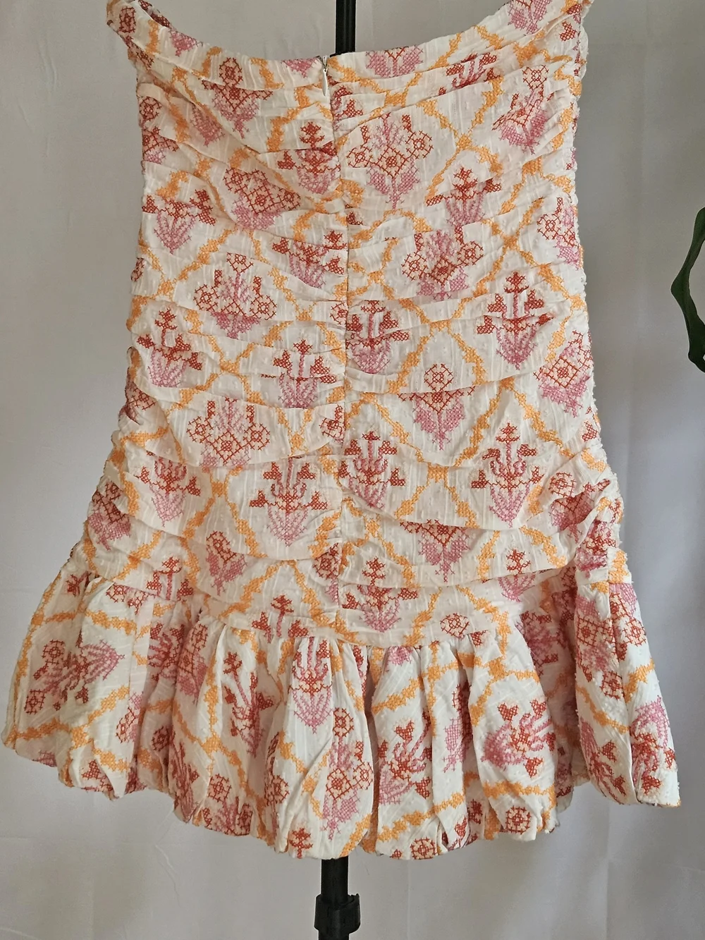 HELLO MOLLY Embroidered Strapless Ruched Mini Dress Size M Cotton Pink Orange - Picture 6 of 16